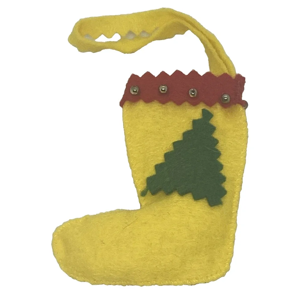 Vintage Christmas Stocking 3 1/2” Felt Yellow Red Green Beads Tree Holiday Gift